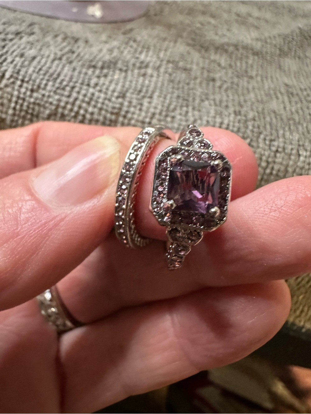 Silver Purple Stone Halo Ring with Pave Band size 7